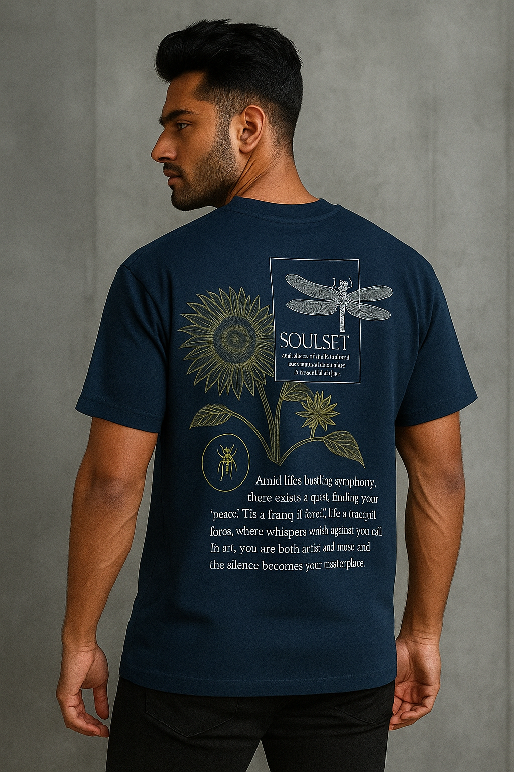 male model wearing oversized navy blue SOULSET graphic T-shirt with artistic sunflower and dragonfly back design, poetic typography, and modern fit – stylish streetwear for men.