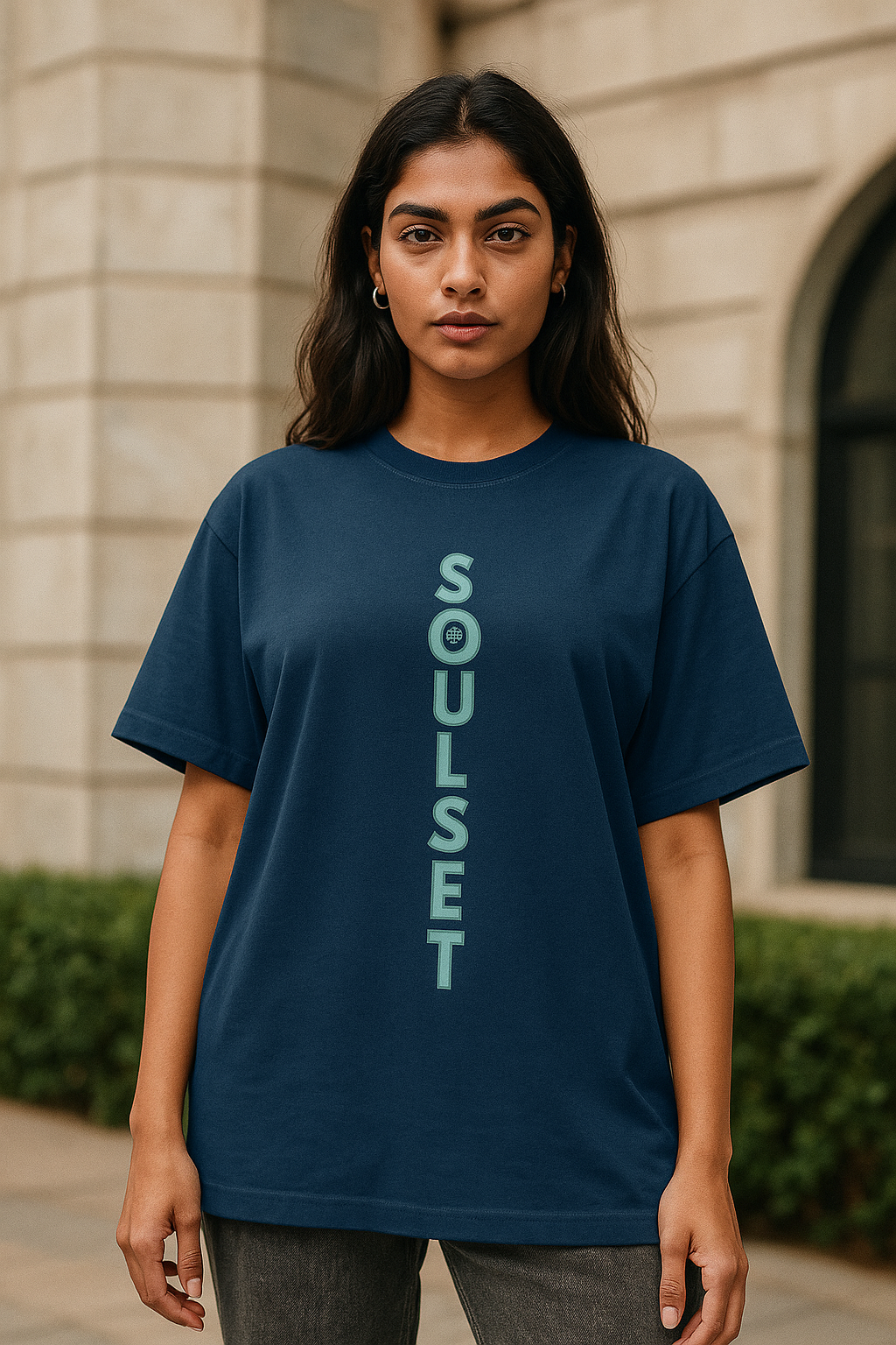 SoulSet Skyline Chakra Oversized Tee – Navy Blue (Premium 240 GSM Cotton)