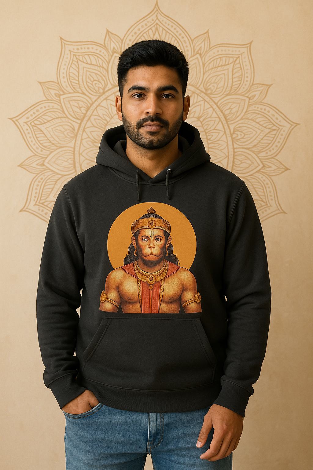 Veer Hanuman hoodie – oversized devotional cotton hoodie with Hanuman graphic and warrior theme