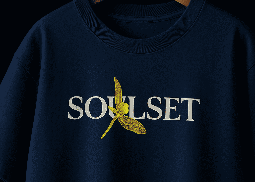 Close-up of navy blue SOULSET T-shirt featuring intricate dragonfly illustration and artistic typography on the back, nature-inspired graphic tee for modern fashion.