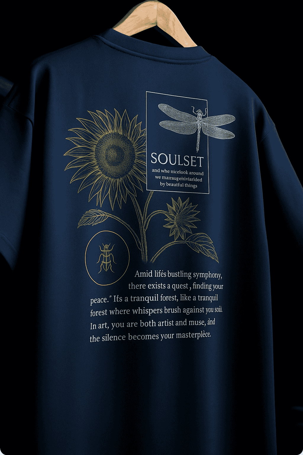 Close-up of navy blue SOULSET T-shirt featuring intricate dragonfly illustration and artistic typography on the back, nature-inspired graphic tee for modern fashion.
