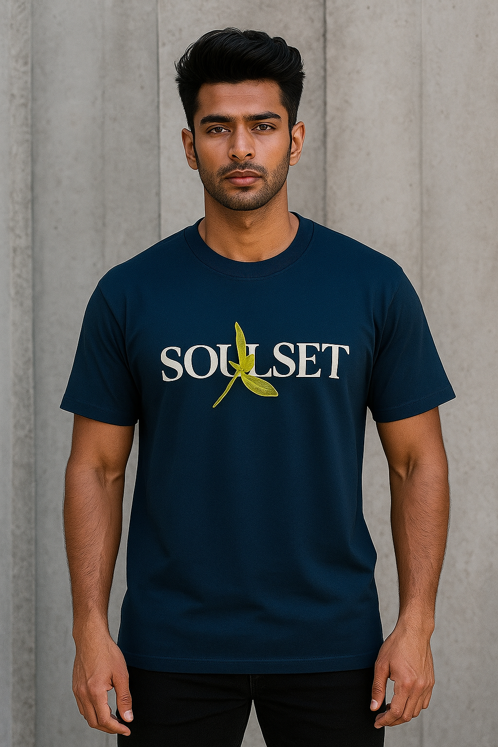 Close-up of navy blue SOULSET T-shirt featuring intricate dragonfly illustration and artistic typography on the back, nature-inspired graphic tee for modern fashion.