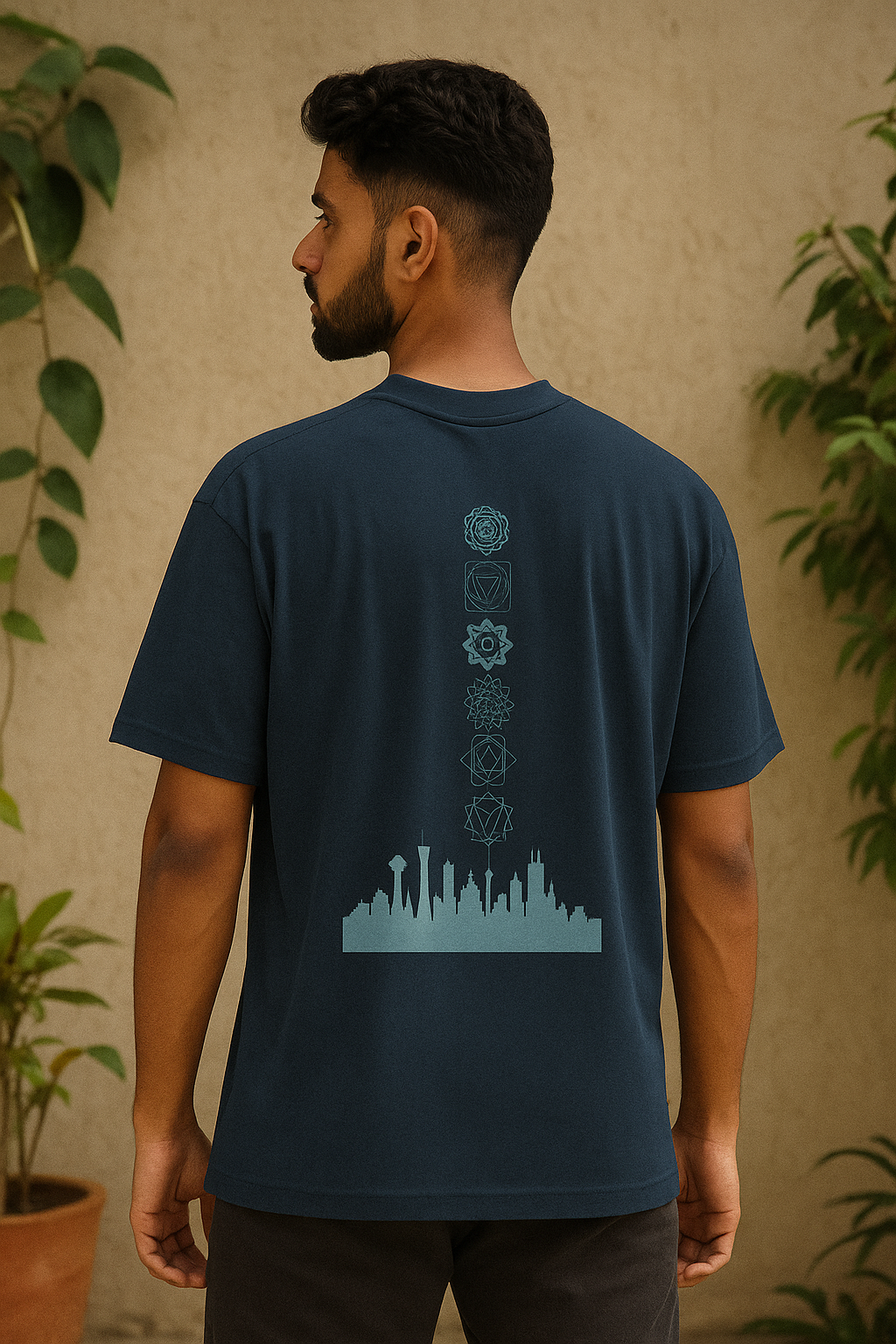 SoulSet Skyline Chakra Oversized Tee – Navy Blue (Premium 240 GSM Cotton)