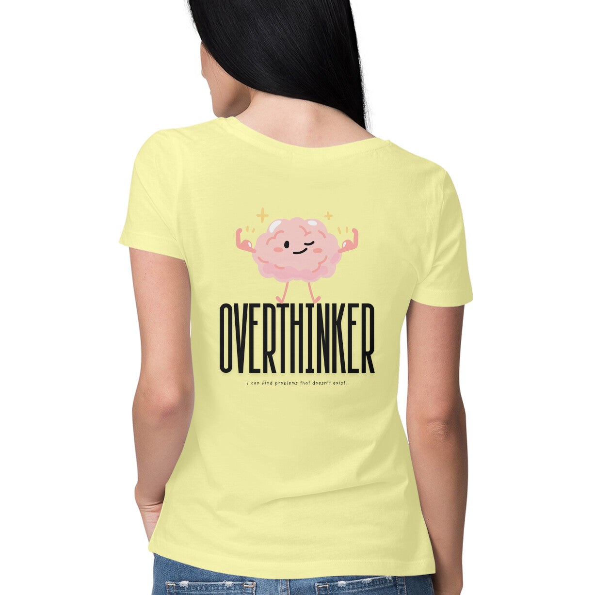 Overthinker yellow women’s t-shirt – minimalist cotton tee with mental health quote