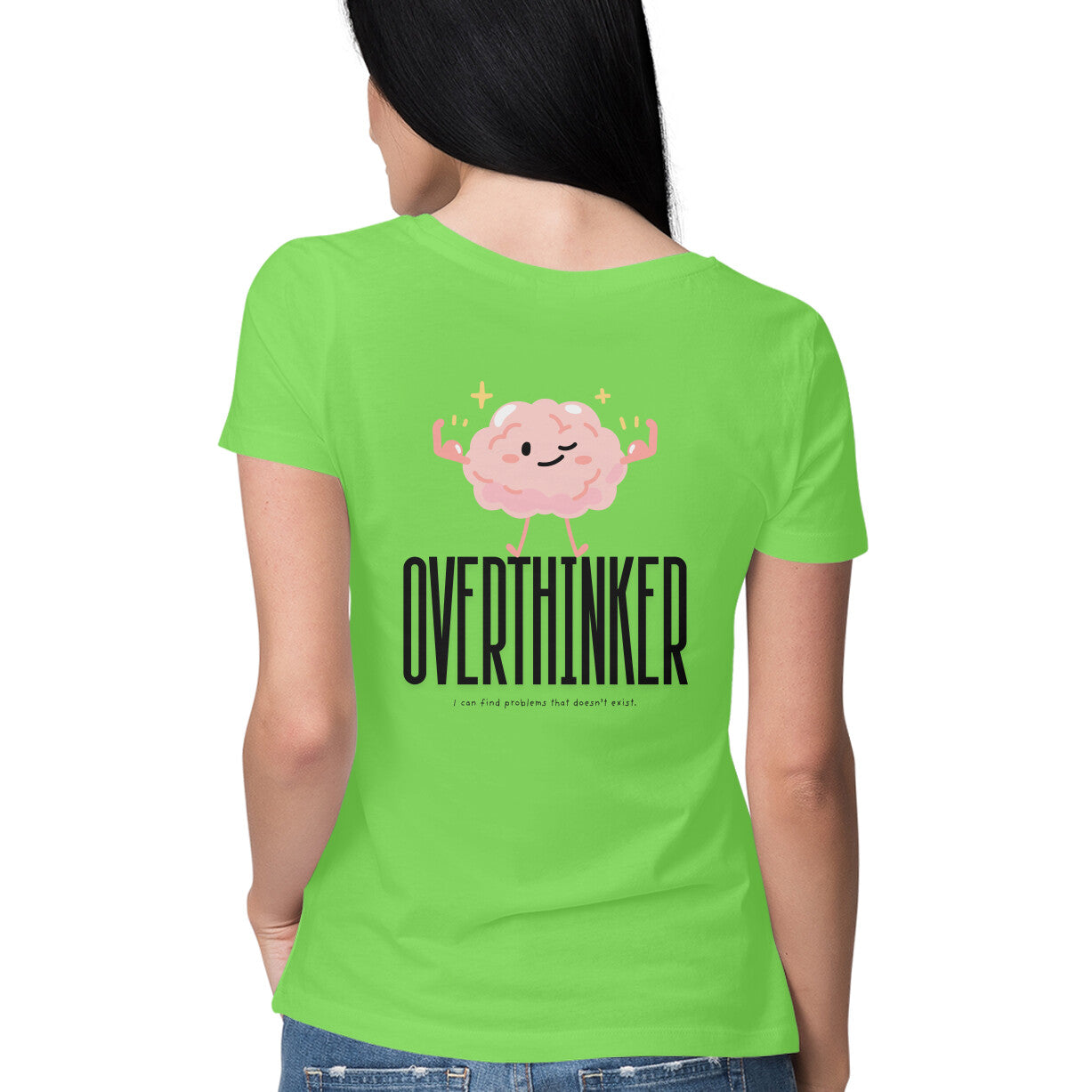 Back View - Green Overthinker women’s t-shirt – minimalist cotton tee with mental health quote
