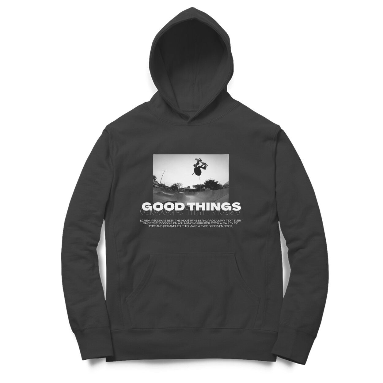 Front View - Good Things hoodie – cozy oversized hoodie with positive quote and streetwear style