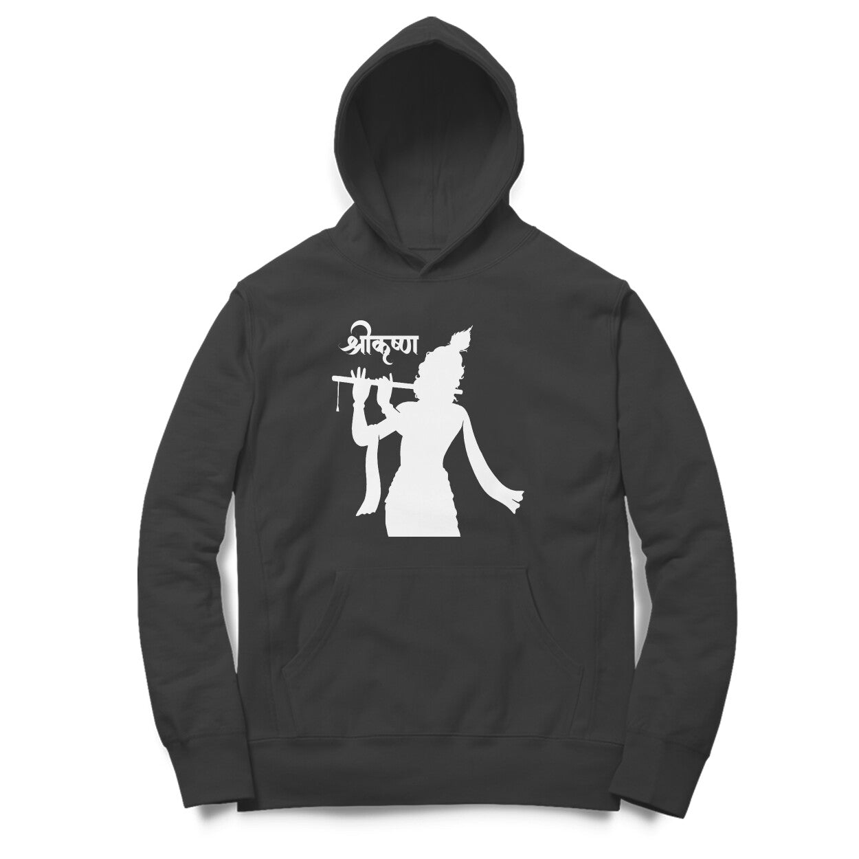 Front View - Black Shri Krishna silhouette hoodie – devotional oversized hoodie with front and back Krishna design