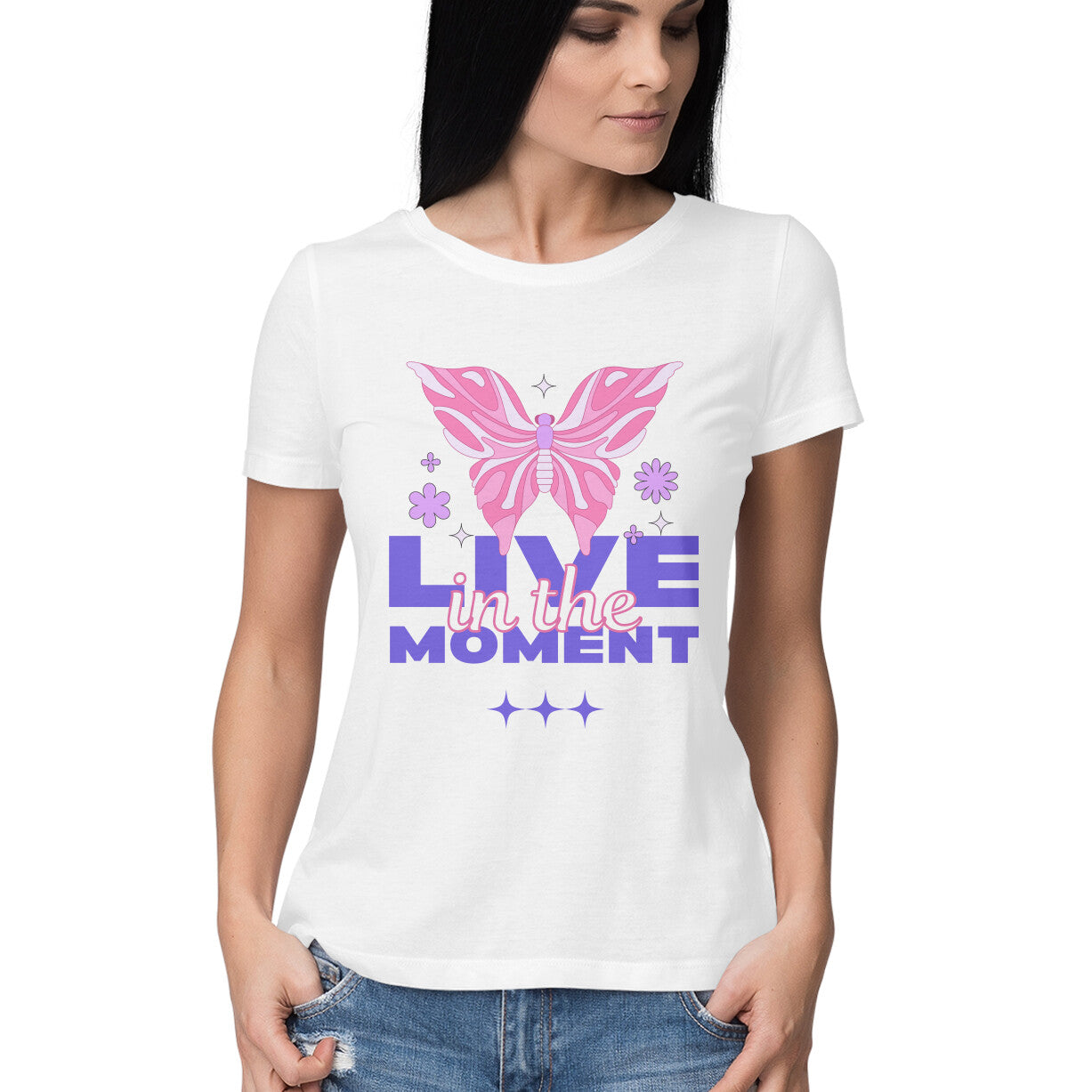 Front View - Live in the Moment women’s t-shirt – cotton tee with butterfly graphic and mindful quote