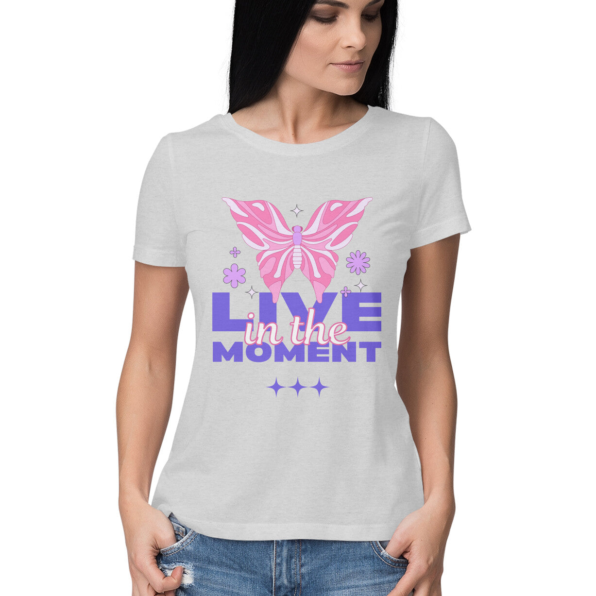 Melange_GreyFront View - Live in the Moment women’s t-shirt – cotton tee with butterfly graphic and mindful quote