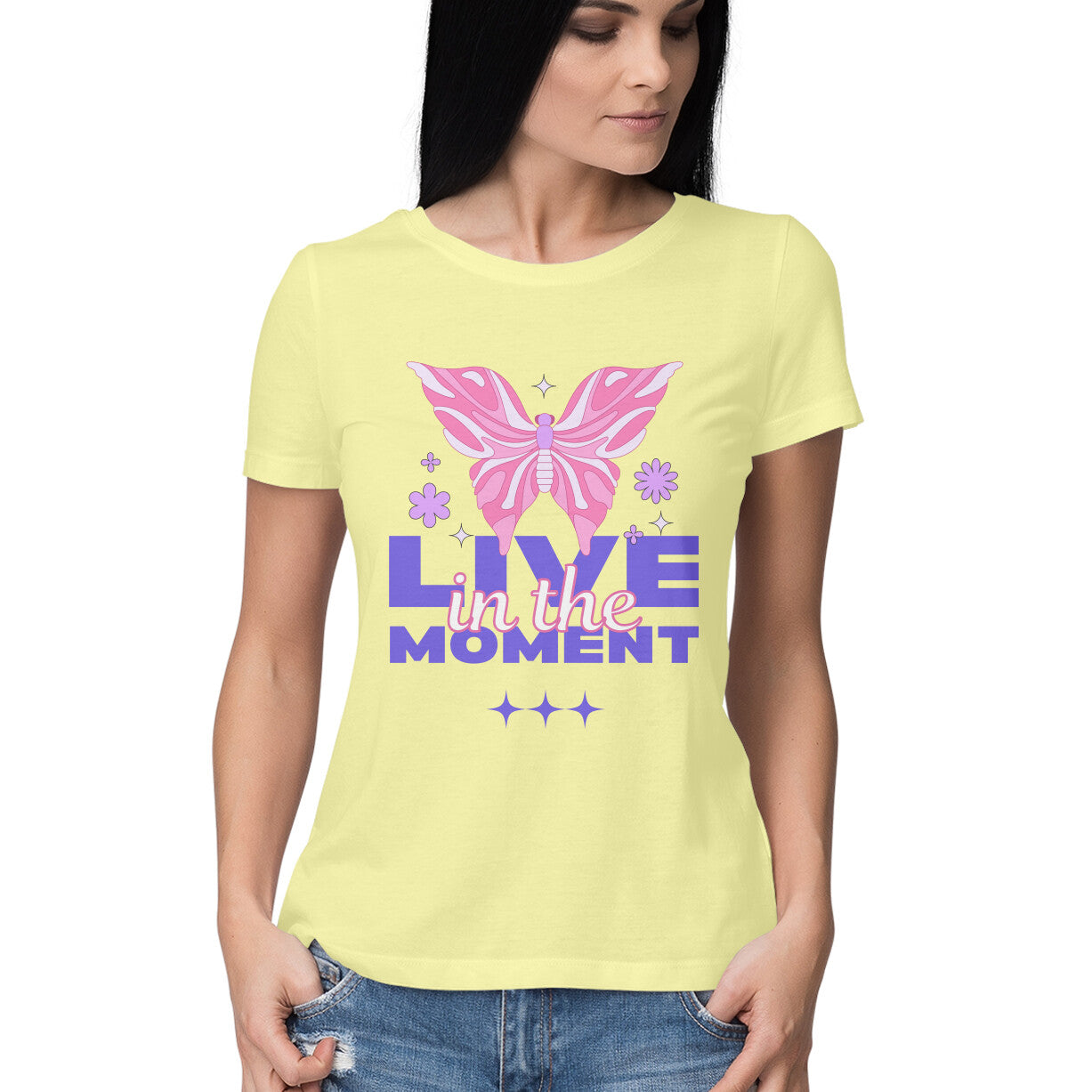 Butter_YellowFront View - Live in the Moment women’s t-shirt – cotton tee with butterfly graphic and mindful quote