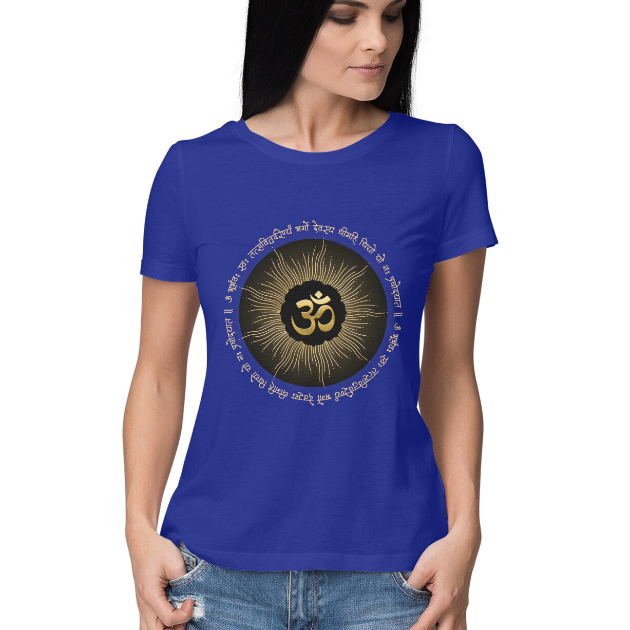 Front View - Royal Blue Divine Om Sanskrit t-shirt – cotton tee with sacred ॐ symbol and spiritual design