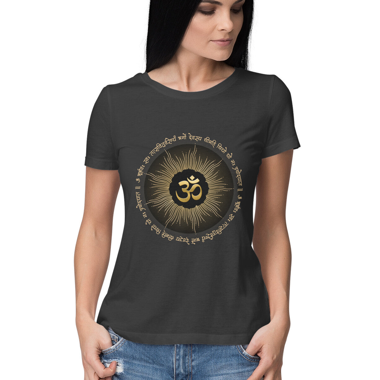 Front View - Black Divine Om Sanskrit t-shirt – cotton tee with sacred ॐ symbol and spiritual design
