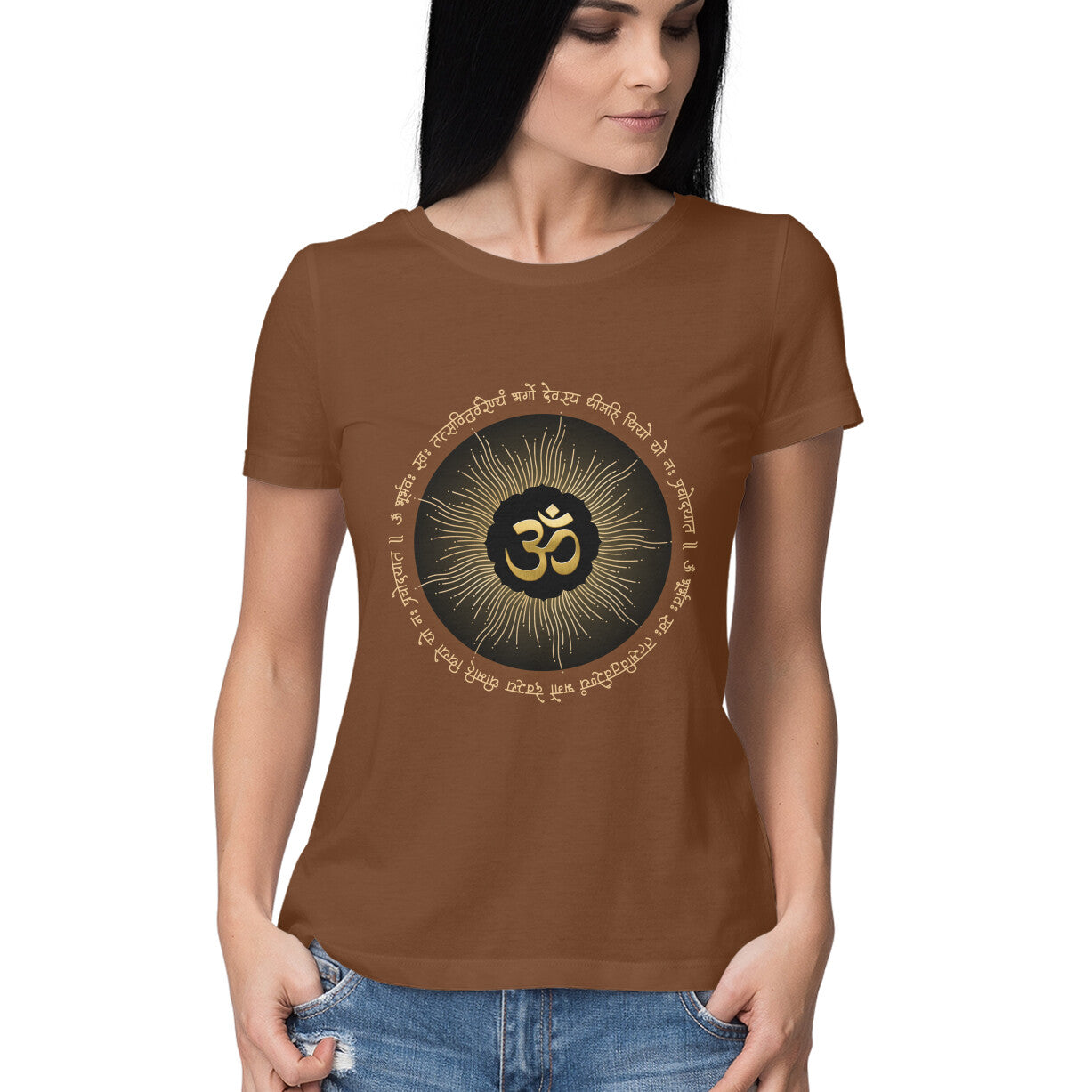 Front View - Brown Divine Om Sanskrit t-shirt – cotton tee with sacred ॐ symbol and spiritual design