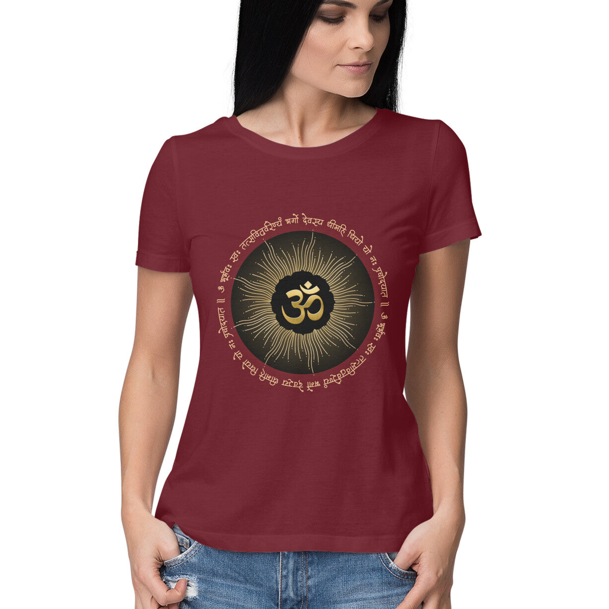 Front View - Maroon Divine Om Sanskrit t-shirt – cotton tee with sacred ॐ symbol and spiritual design