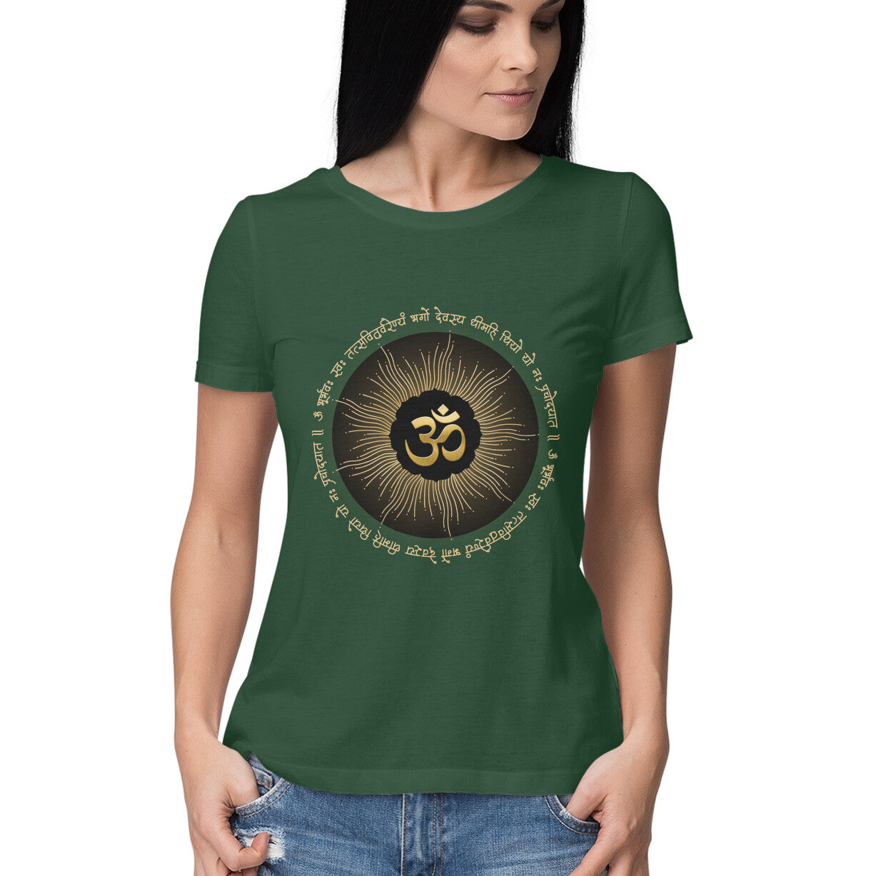 Front View - Olive Green Divine Om Sanskrit t-shirt – cotton tee with sacred ॐ symbol and spiritual design