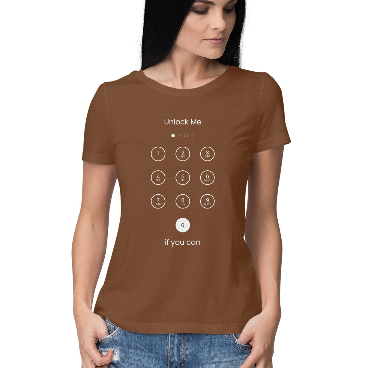 Front View - coffee Brown Unlock Me t-shirt – funny graphic cotton tee with phone password screen design
