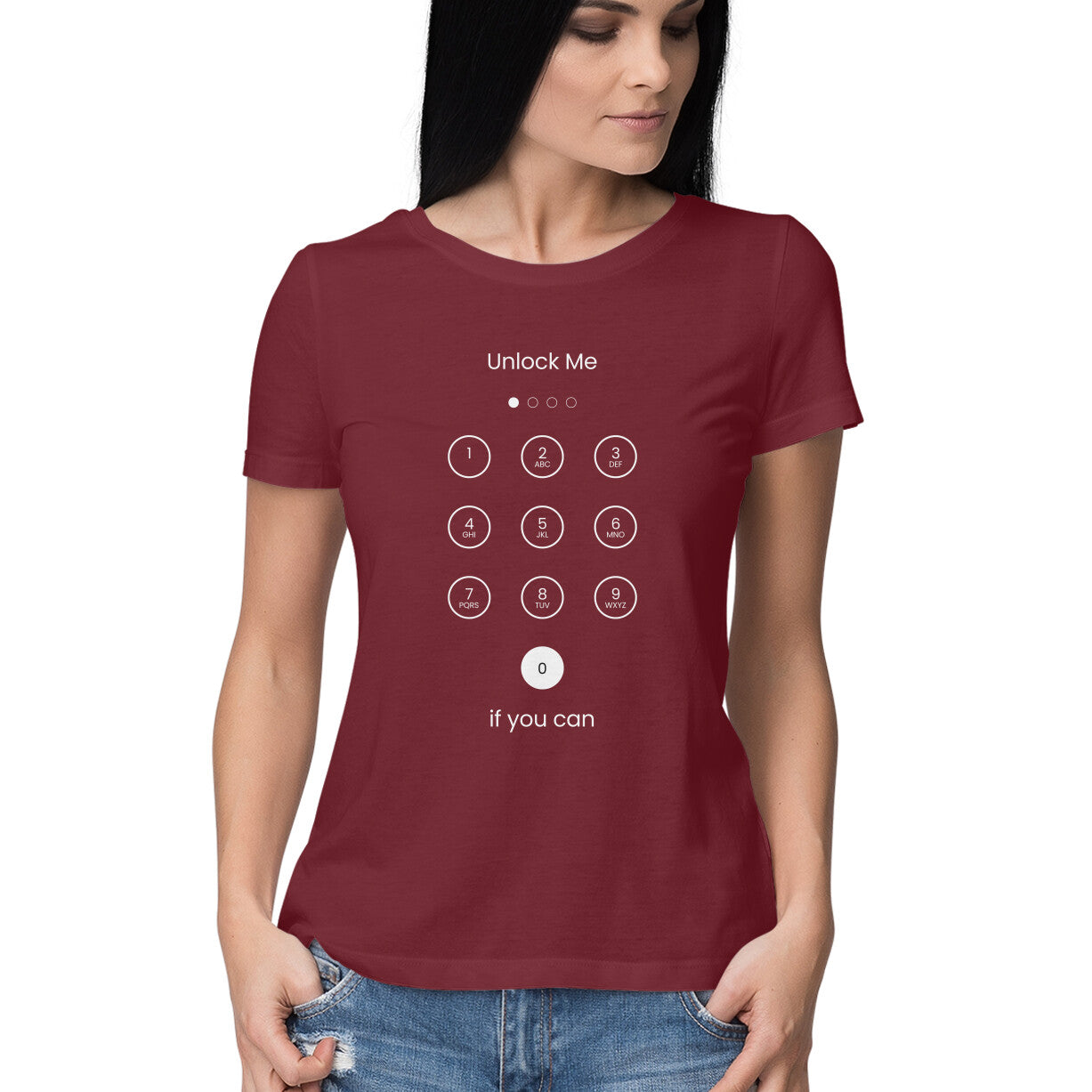 Front View - Maroon Unlock Me t-shirt – funny graphic cotton tee with phone password screen design