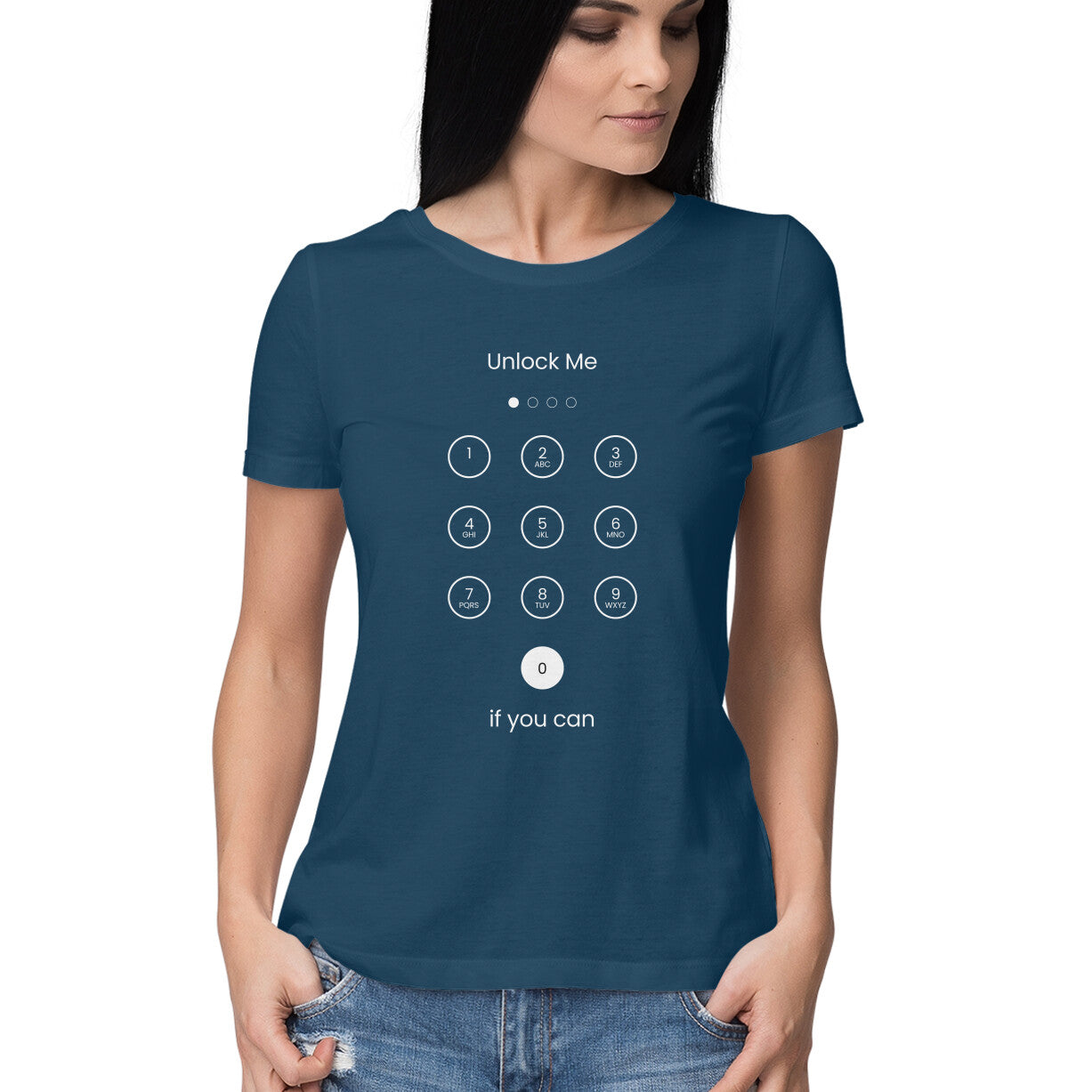 Front View - Navy Blue Unlock Me t-shirt – funny graphic cotton tee with phone password screen design