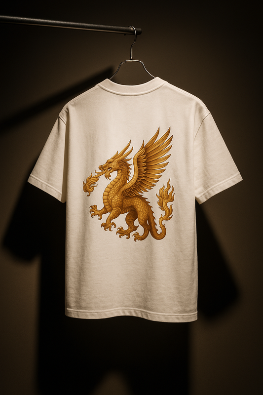 White oversized t-shirt with a detailed brown Pegasus graphic and “SoulSet” text on the front. Heavyweight cotton streetwear tee designed in India, featuring a dragon artwork on the back.

