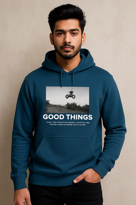 Good Things hoodie – cozy oversized hoodie with positive quote and streetwear style
