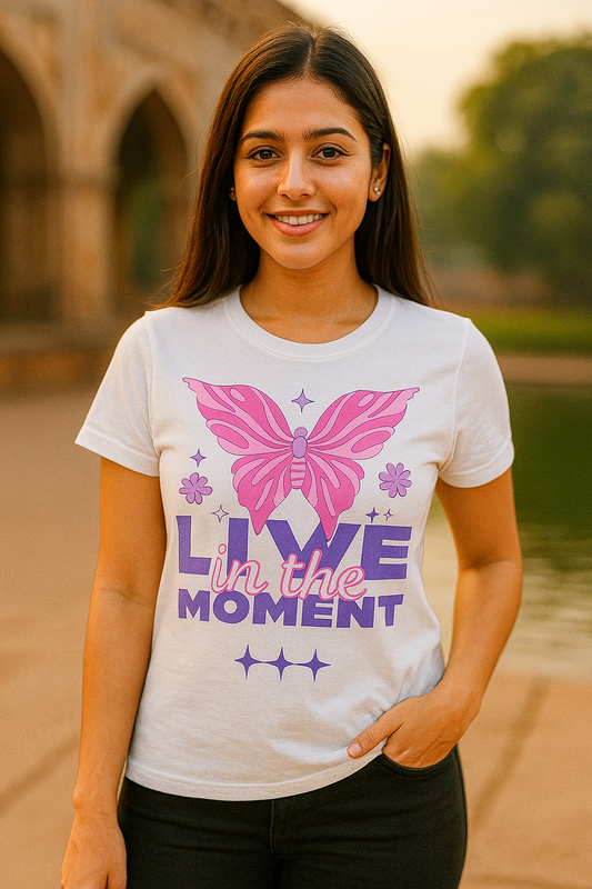 Live in the Moment women’s t-shirt – cotton tee with butterfly graphic and mindful quote

