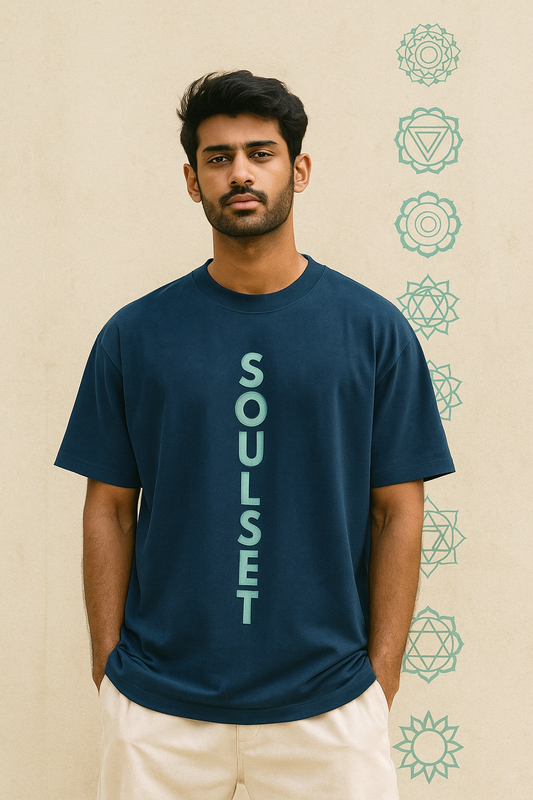 SoulSet Skyline Chakra Oversized Tee – Navy Blue (Premium 240 GSM Cotton)
