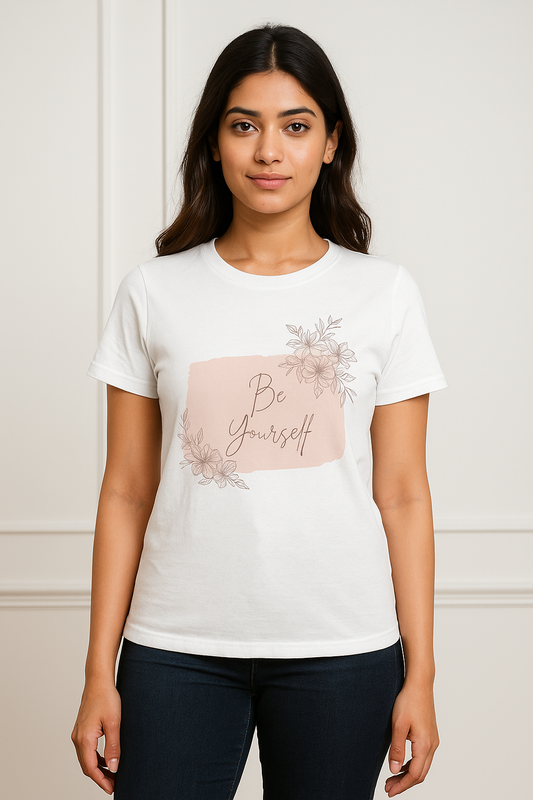 Be Yourself women’s t-shirt – white floral cotton tee with self-love message

