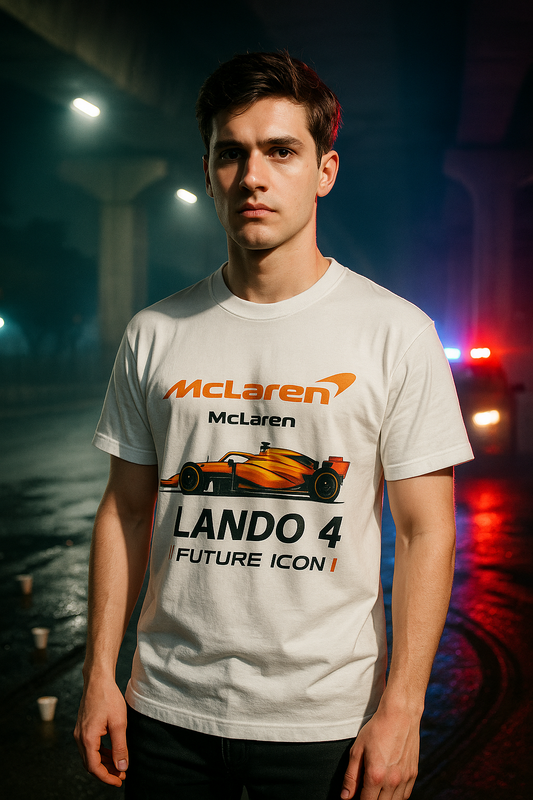 Person wearing a McLaren t-shirt with a car design and text in a dark, possibly urban setting.