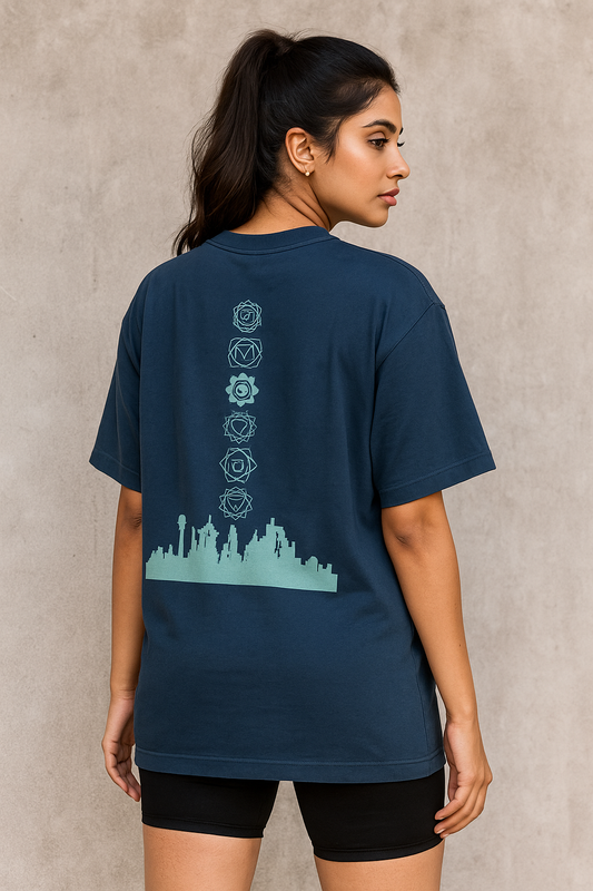 SoulSet Skyline Chakra Oversized Tee – Navy Blue (Premium 240 GSM Cotton)