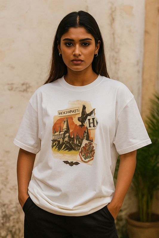 SoulSet white oversized graphic t-shirt with Hogwarts-inspired front print – unisex streetwear tee with castle, owl, and Hogwarts crest design – premium cotton, trendy relaxed fit