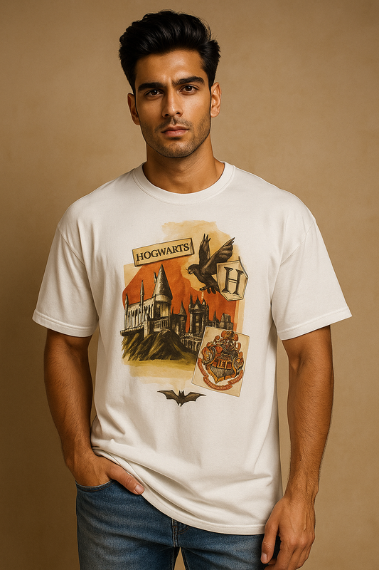 SoulSet men's white oversized t-shirt with Hogwarts-style front print – trendy streetwear tee featuring castle, owl, and crest artwork – premium cotton, relaxed fit for bold modern look