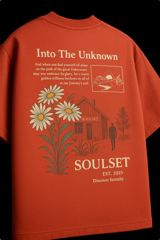 Red t-shirt with 'Into The Unknown' and 'Soulset' design on a black background