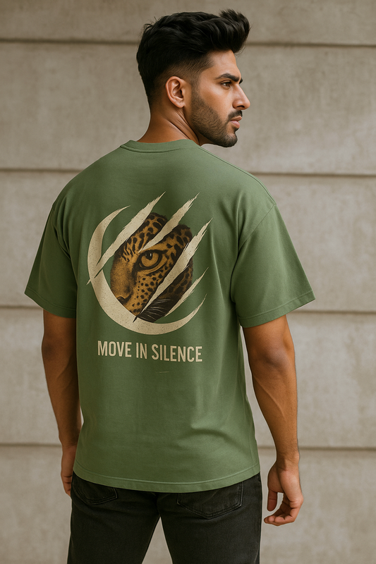 Men forest green oversized T-shirt with leopard eye claw mark design and 'Move in Silence' text on back – trendy streetwear tee for bold style
