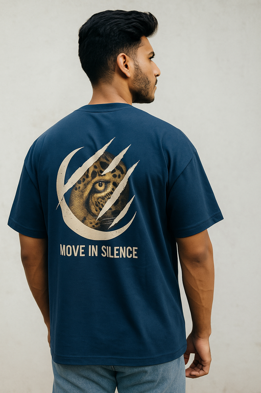 "mens navy blue oversized T-shirt with leopard eye claw mark design and 'Move in Silence' text on back – trendy streetwear tee for bold style"