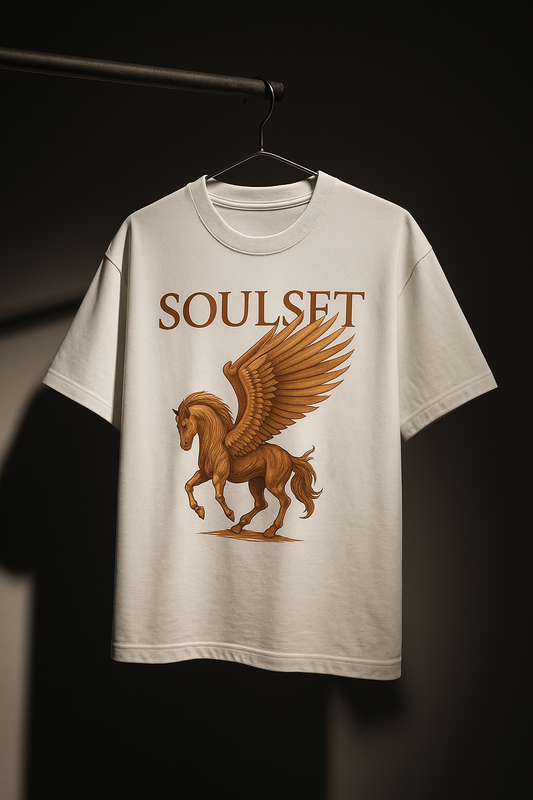White oversized t-shirt with a detailed brown Pegasus graphic and “SoulSet” text on the front. Heavyweight cotton streetwear tee designed in India, featuring a dragon artwork on the back.
