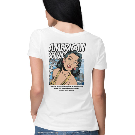 Back View - American Style women’s t-shirt – cotton pop art graphic tee with vintage vibe