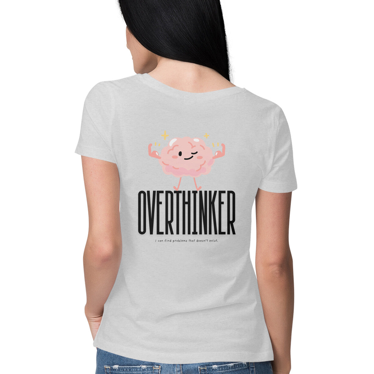 Back View - Grey Overthinker women’s t-shirt – minimalist cotton tee with mental health quote