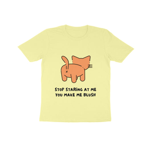 Front View - Stop Staring kids t-shirt – funny cotton tee with cat graphic and cheeky quote
