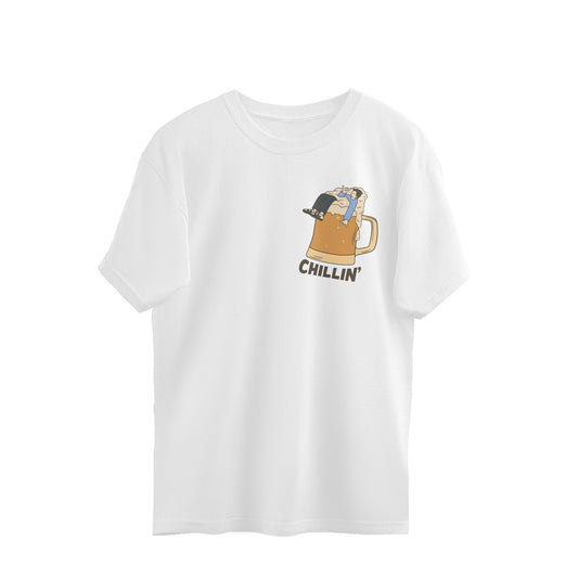 SoulSet white oversized t-shirt with CHILLIN' beer mug cartoon print – unisex premium cotton tee for casual streetwear lovers